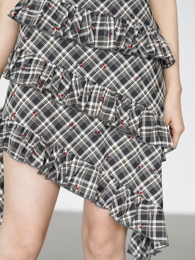 2025 SS レトロチェック柄イレギュラーストラップドレス