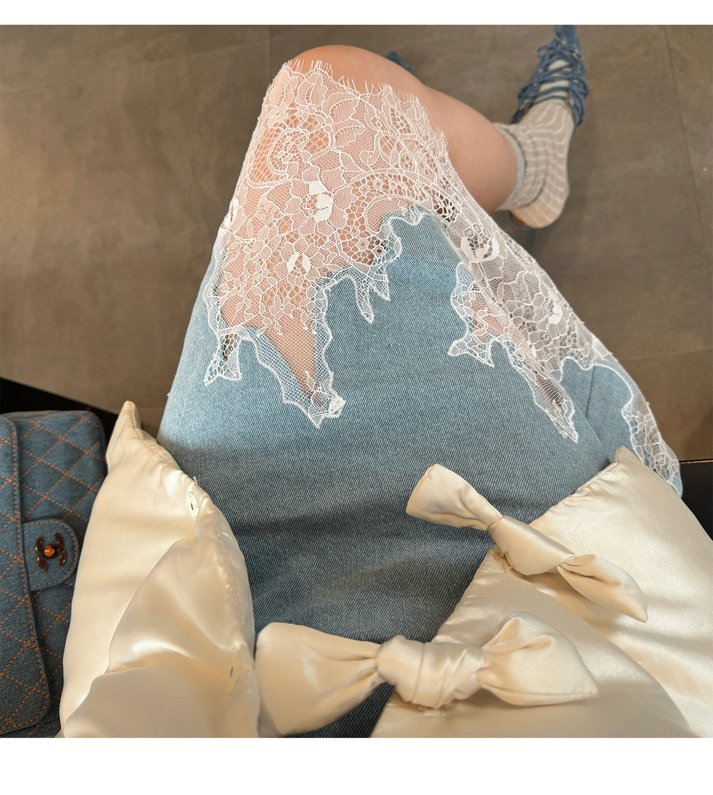 2025 SS パッチワークレースデニムスカート