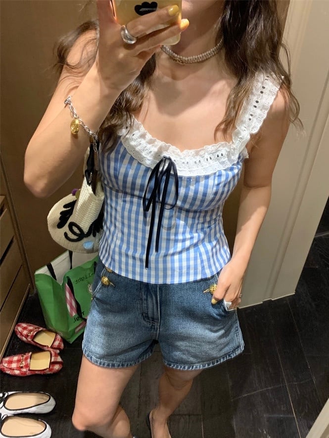 【即配】ribbon gingham check camisole