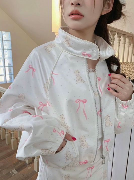 satin girly print blouson