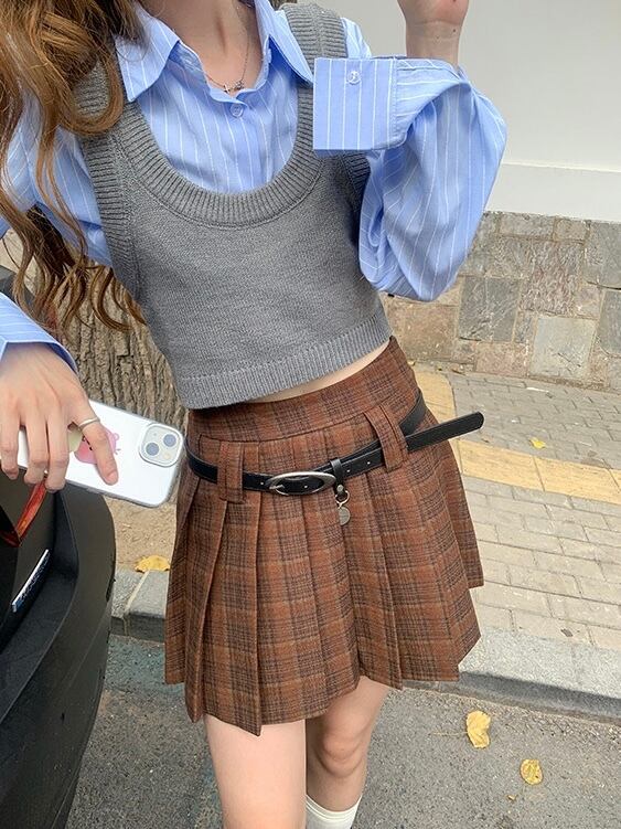 ≪ 2c's ≫ checked pleats skirt + belt