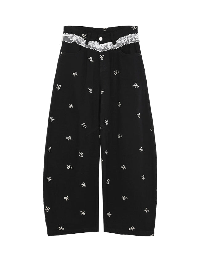 ブラック レース ワイドレッグパンツ ブラック レース ワイドレッグパンツ FREAK'S STORE パンツ フラワー