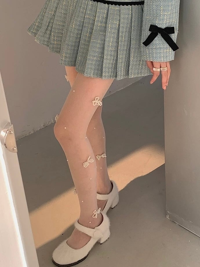 sheer pearl ribbon tights