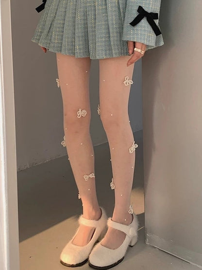 sheer pearl ribbon tights