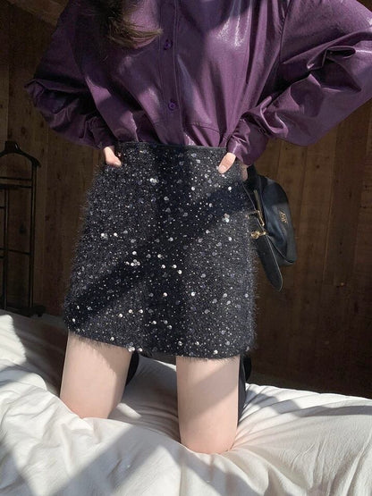 ≪ 2c's ≫ sequins fur skirt